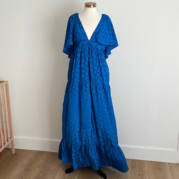 Free People Cha Cha Floral Button Front Cape Style Ruffle Hem Maxi Dress - Picture 5 of 13